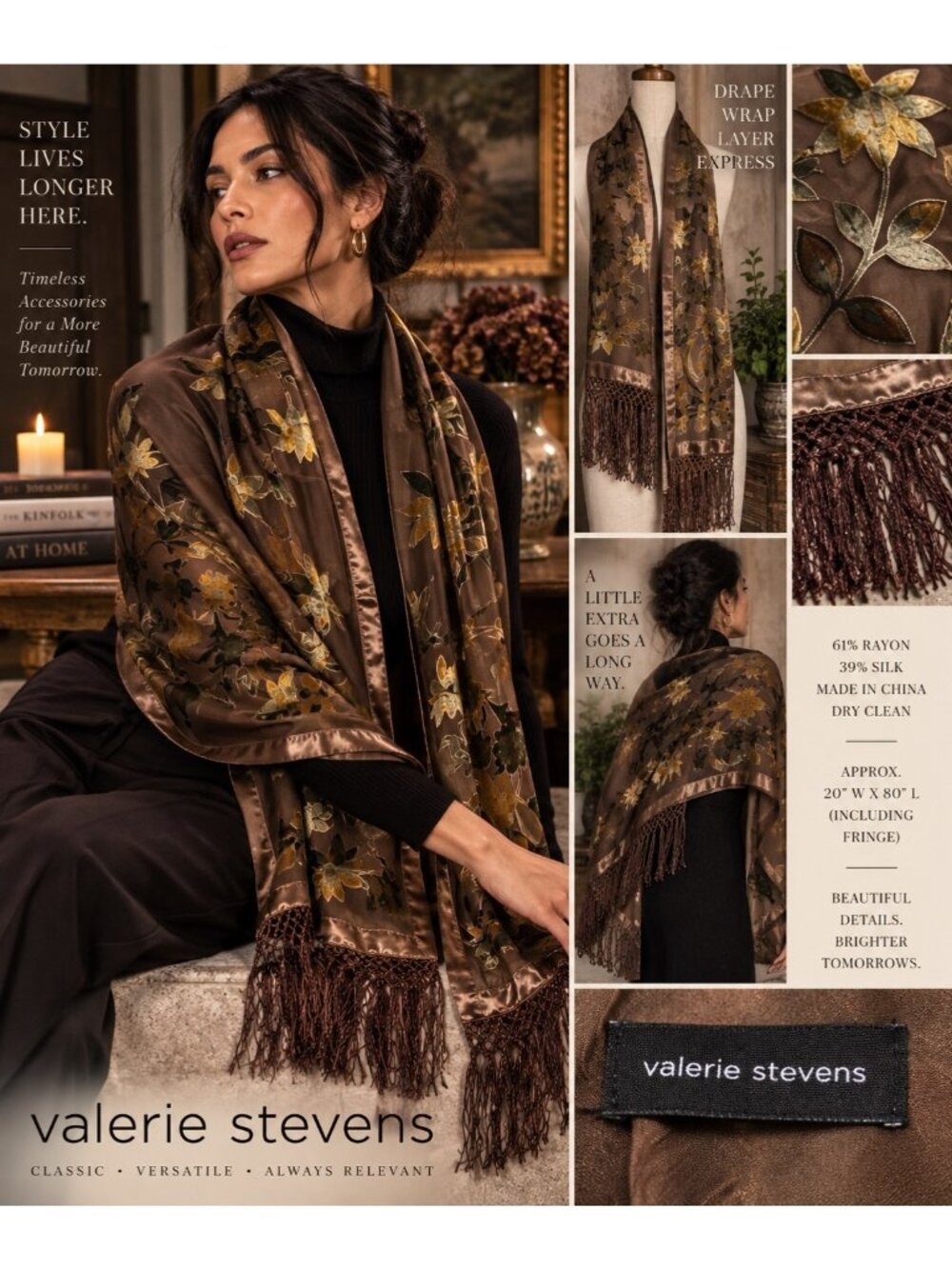 Valerie Stevens Silk Rayon Floral Burnout Scarf Wrap Brown Gold Fringe 20x80